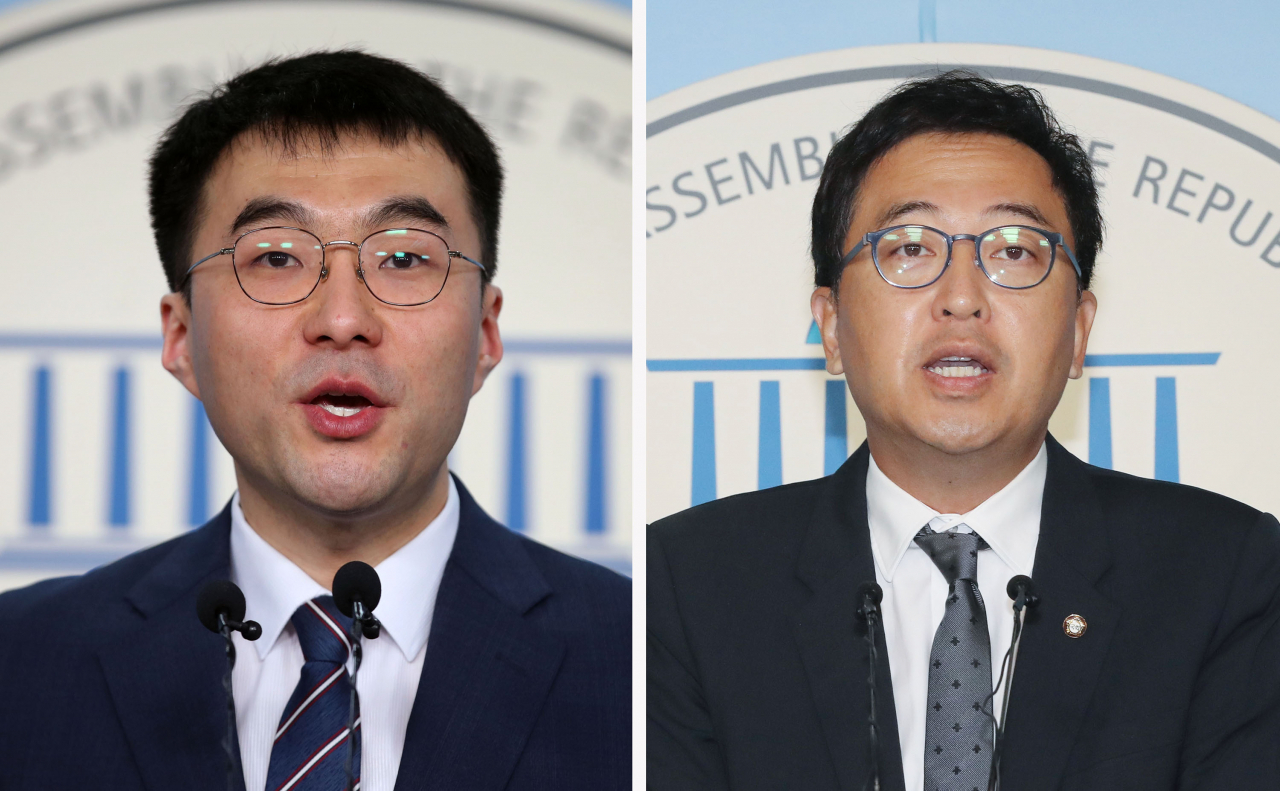 '조국백서' 필진인 김남국 변호사(왼쪽)가 18일 서울 강서갑 출마 기자회견을 예정했다 취소한 뒤 더불어민주당 금태섭 의원(오른쪽)을 향해 "왜 허구적인 '조국 수호' 프레임을 선거에 이용하려고 하느냐"라며 "선의의 경쟁을 하고 싶다"고 자신의 페이스북을 통해 밝혔다. 사진은 국회 정론관에서 각각 기자회견하는 김남국 변호사와 금태섭 의원의 자료사진. 연합뉴스