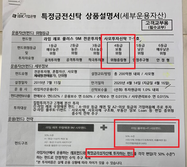 [사진=라임자산운용의 한 사모펀드 설명서. 설명서 맨 첫머리에 '위험등급 4등급'(붉은색 맨 윗부분)이라 쓰여 있는데, 위험등급 1등급의 '라임 플루토FI D-1호' 펀드를 50%까지 편입할 수 있게 돼 있다.]