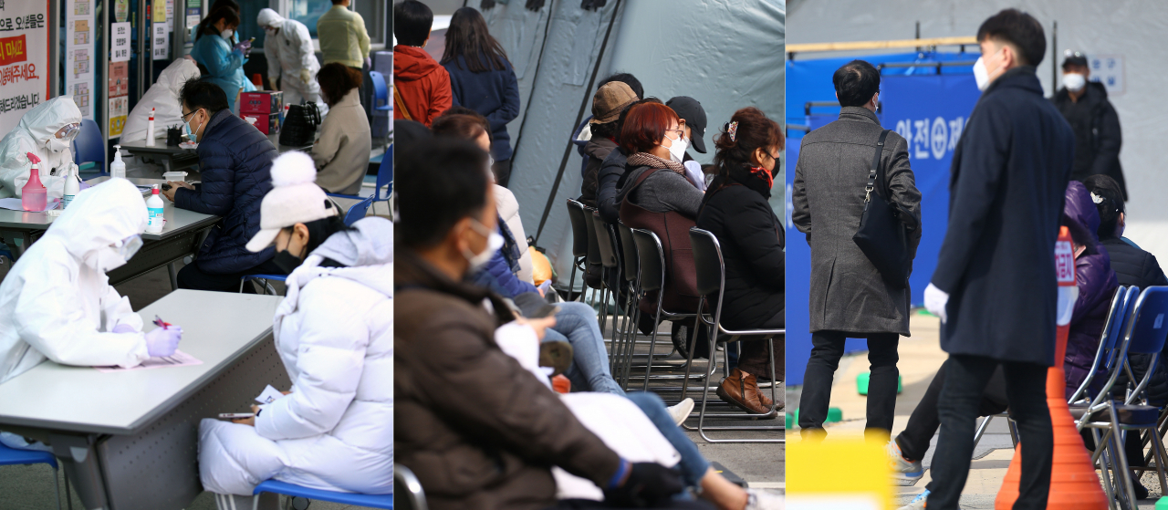 대구·경북에서 신종 코로나바이러스 감염증 확진자가 급증하는 가운데 각 선별진료소마다 의심환자들이 몰려들고 있다. 왼쪽부터 남구 보건소·경산 보건소·대구의료원 선별진료소의 21일 모습. 연합뉴스