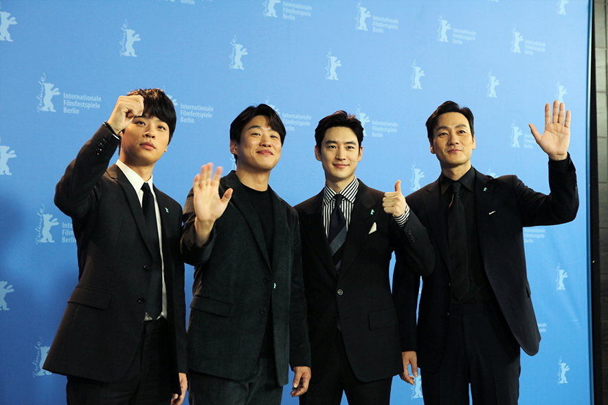 Cast members of “Time to Hunt,” Park Jeong-min (from left), Ahn Jae-hong, Lee Je-hoon and Park Hae-soo, arrive at the 70th Berlin International Film Festival in Berlin, Germany, on Saturday. (Little Big Pictures)