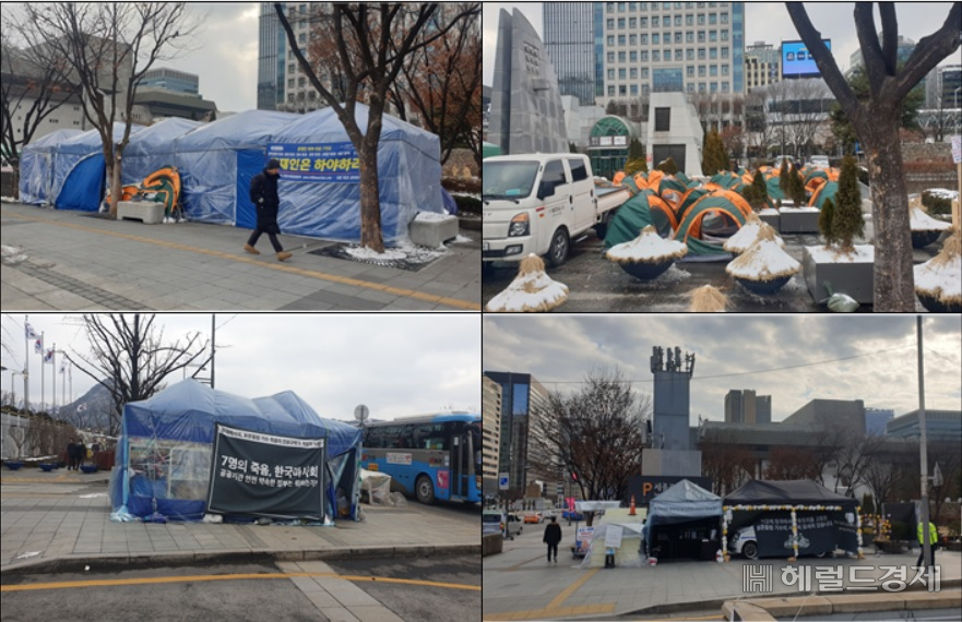 행정대집행 전 광화문 세종대로 불법 집회천막들이 붙어 늘어서 있는 모습. [서울시 제공]