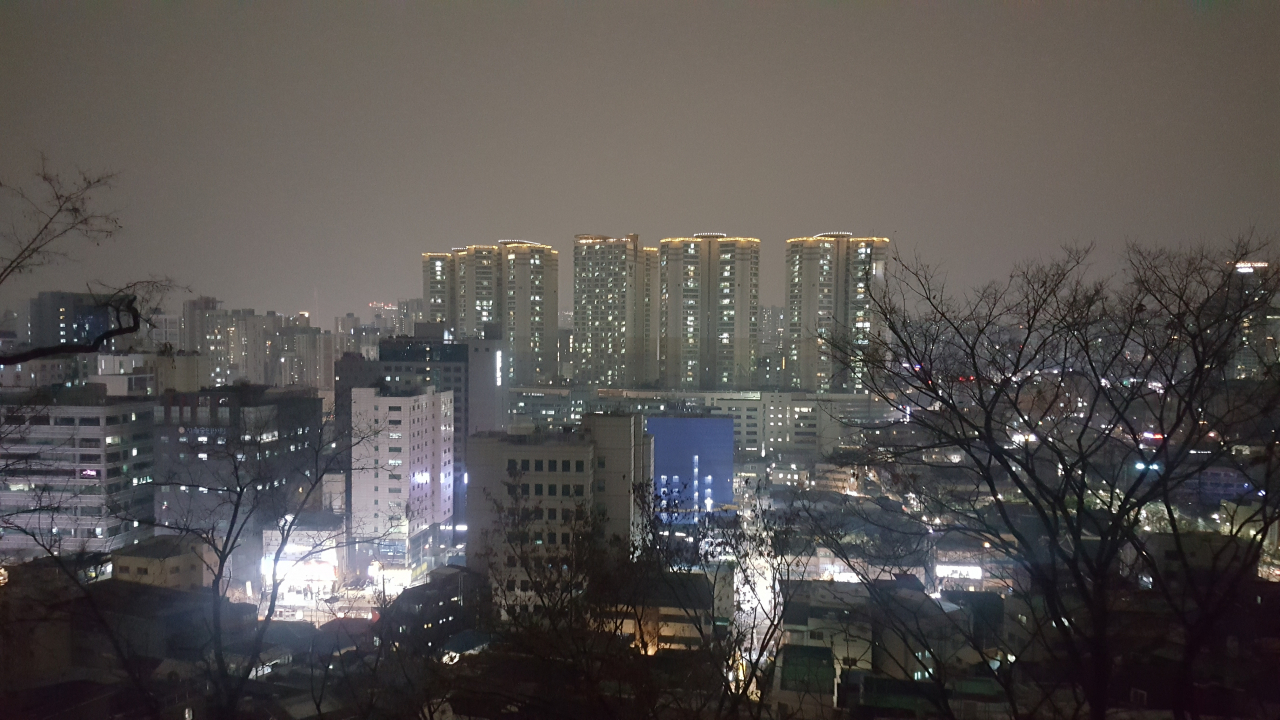 숭인공원 끝에 있는 동망정에서 바라 본 야경.멀리 황학동 롯데캐슬이 보인다.바로 아래 밝은 곳은 동묘역 인근.