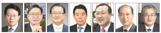 왼쪽부터 김광수 NH농협금융지주 회장, 이대훈 NH농협은행 행장, 이인기 NH농협카드 대표이사, 이구찬 NH농협캐피탈 대표이사, 김건영 NH저축은행 대표이사, 최창수 NH농협손해보험 대표이사, 홍재은 NH농협생명 대표이사.