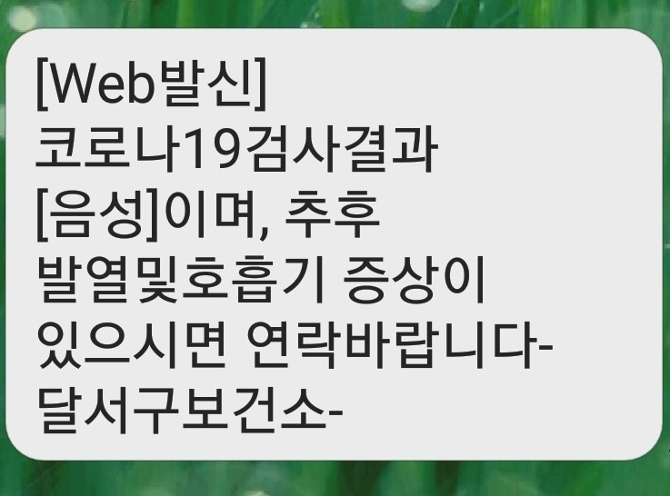 딸이 보내준 대구 달서구 보건소의 음성 판정 문자