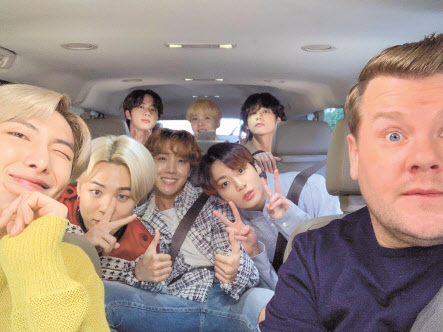 제임스 코든 쇼에 출연한 방탄소년단의 모습. [제임스코든 CBS 제공]