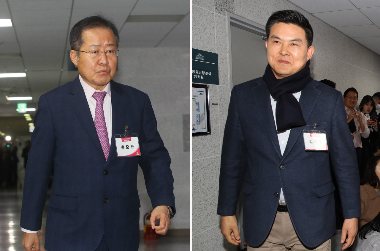 홍준표 전 자유한국당 대표(왼쪽)와 김태호 전 경남지사가 지난달 20일 국회 의원회관에서 미래통합당의 제21대 국회의원 예비후보자 면접에 각각 입장하고 있다. [연합]