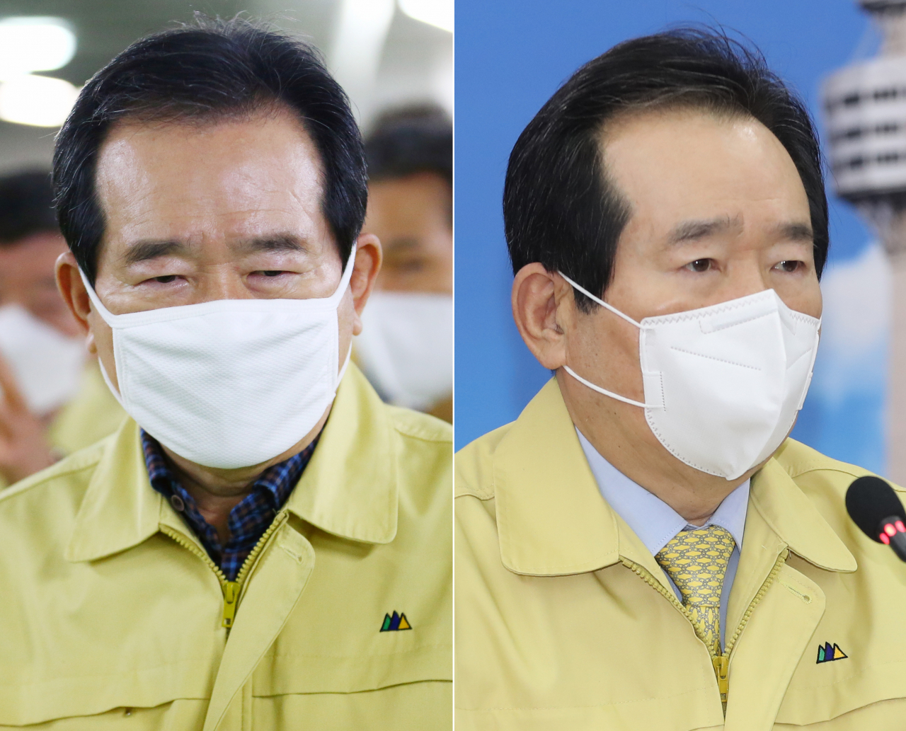 정세균 국무총리(왼쪽)가 8일 오후 대구시 수성구 대구스타디움에서 면마스크를 쓰고 신종 코로나바이러스 감염증(코로나19) 대응 지원 물품 현장 점검을 하고 있다. 정 총리는 이날 오전 대국민 담화문에서 '마스크 구매 5부제 시행' 관련 국민 협조를 당부하며 공직사회부터 면마스크 사용에 앞장서겠다고 밝혔다. 사진 오른쪽은 정 총리가 지난 5일 오전 대구시청에서 보건용 마스크를 쓰고 화상 국무회의에 참석한 모습. [연합]