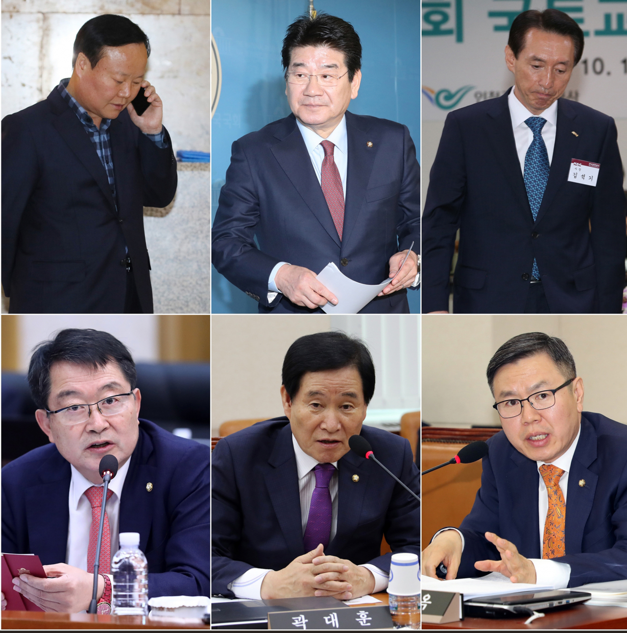 미래통합당 대구·경북(TK) 지역 현역 의원들이 6일 4·15 총선 공천에서 무더기로 탈락했다. 통합당 공천관리위원회는 이날 국회에서 공관위 회의를 열어 TK 지역 공천 심사를 한 결과 현역 의원 15명 가운데 6명을 공천에서 배제하기로 결정했다고 김형오 위원장이 브리핑을 통해 밝혔다. 사진 왼쪽부터 시계방향으로 컷오프 대상에 오른 현역 의원 김재원·강석호(경북 영양·영덕·봉화·울진)·김석기(경북 경주), 정태옥(대구 북구갑), 곽대훈(대구 달서갑)·백승주(경북 구미갑). [연합]