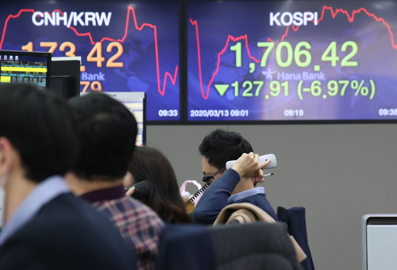 13일 코스피는 유럽과 미국 증시가 10% 안팎 무너지는 등 글로벌 증시의 '대폭락 장세'가 이어지며 전날에 이어 급락 출발했다. [연합뉴스]