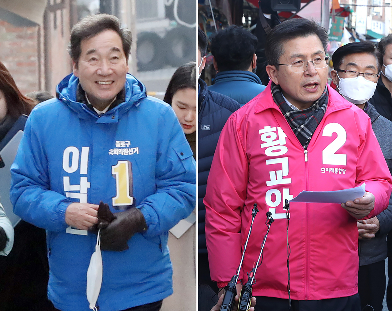 4·15 총선에서 이낙연 전 총리(왼쪽)와 미래통합당 황교안 대표가 서울 종로구에서 승부를 벌인다.[연합]