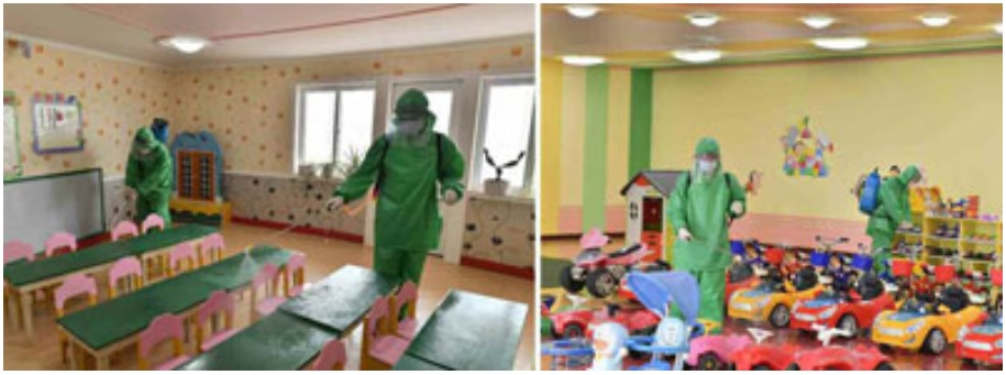 북한은 미군 고위인사가 코로나19 발병 가능성을 언급한 가운데 여전히 확진자는 없다는 입장을 유지하면서 지속적인 긴장 유지와 방역을 강조하고 있다. 북한 노동당 기관지 노동신문이 15일 게재한 보건일꾼이 사리원애육원과 육아원 방역을 실시하는 모습. [헤럴드DB]