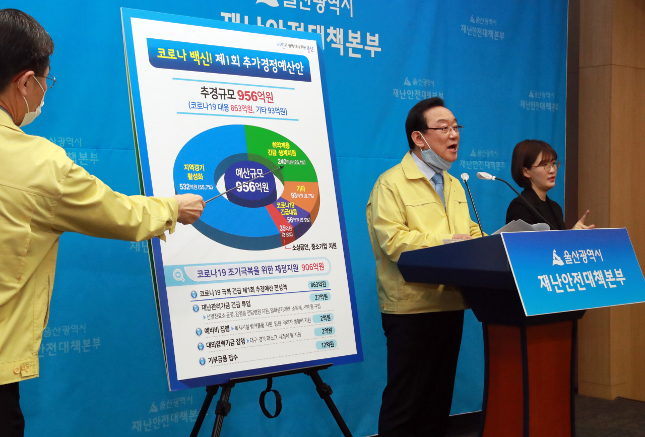 송철호 시장(가운데)이 17일 울산시청 프레스센터에서 코로나19로 인해 침체된 지역 경기를 부양하기 위해 제1회 추경예산편성안에 관해 설명하고 있다. [연합뉴스]