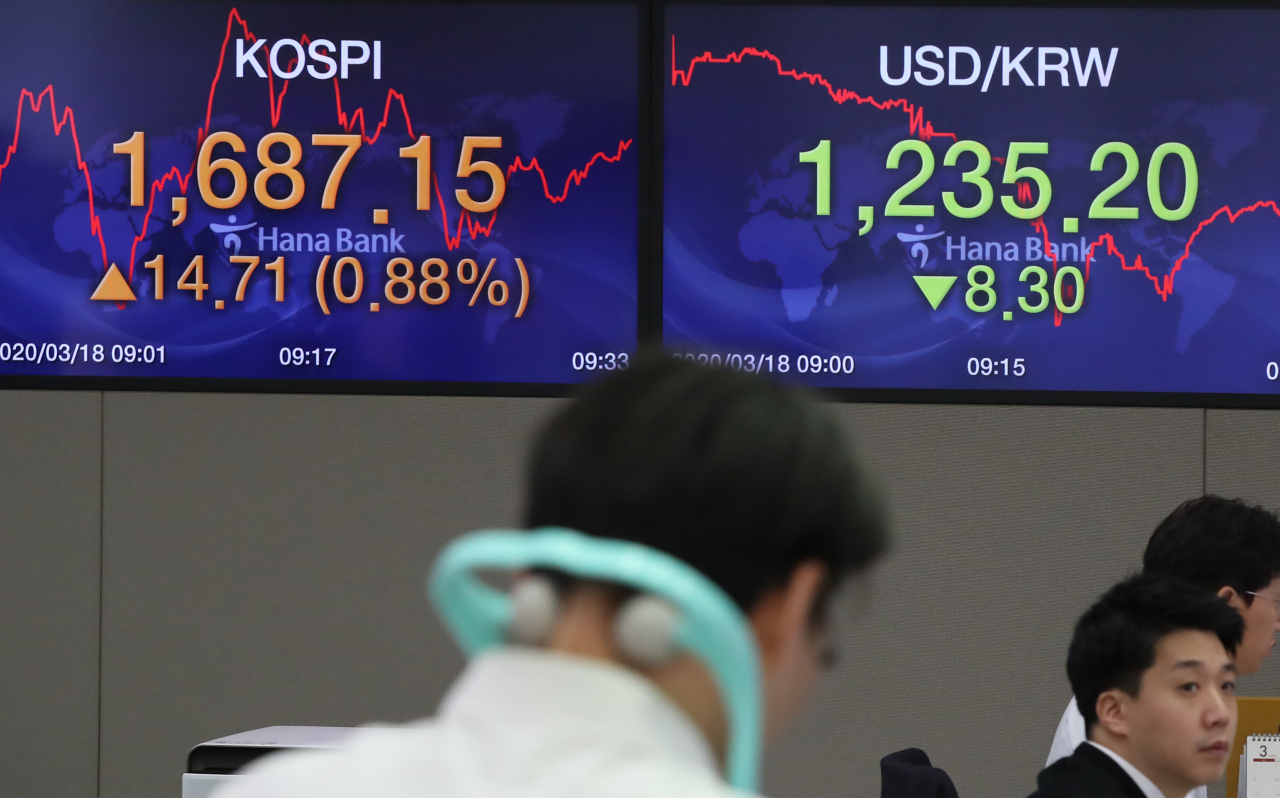 코스피가 상승 출발한 18일 오전 서울 중구 하나은행 본점 딜링룸에서 딜러가 분주하게 움직이고 있다. 연합뉴스
