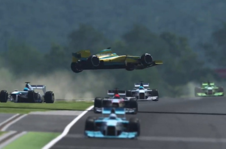 Top pro racecar driver Ross Gunn’s car goes flying on Sunday’s rFactor 2 esports event. (The Race)