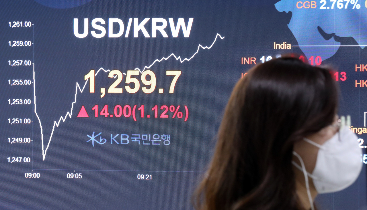 19일 서울 영등포구 여의도 KB국민은행 딜링룸에서 한 직원이 컴퓨터 화면을 바라보고 있다. 이날 서울 외환시장에서 원/달러 환율은 전날보다 11.3원 오른 1,257.0원로 개장했다. 이날 오후 원달러 환율은 1290원까지 치솟았다. [연합]