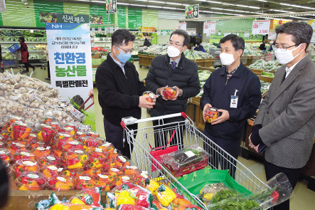 김현수(왼쪽 첫번째) 농림축산식품부 장관과 이성희(왼쪽 두번째) 농협중앙회장이 19일 서울 서초구 농협 하나로마트 양재점을 방문, ‘친환경 농산물 특별판매전’을 점검하고 있다. [농협중앙회 제공]