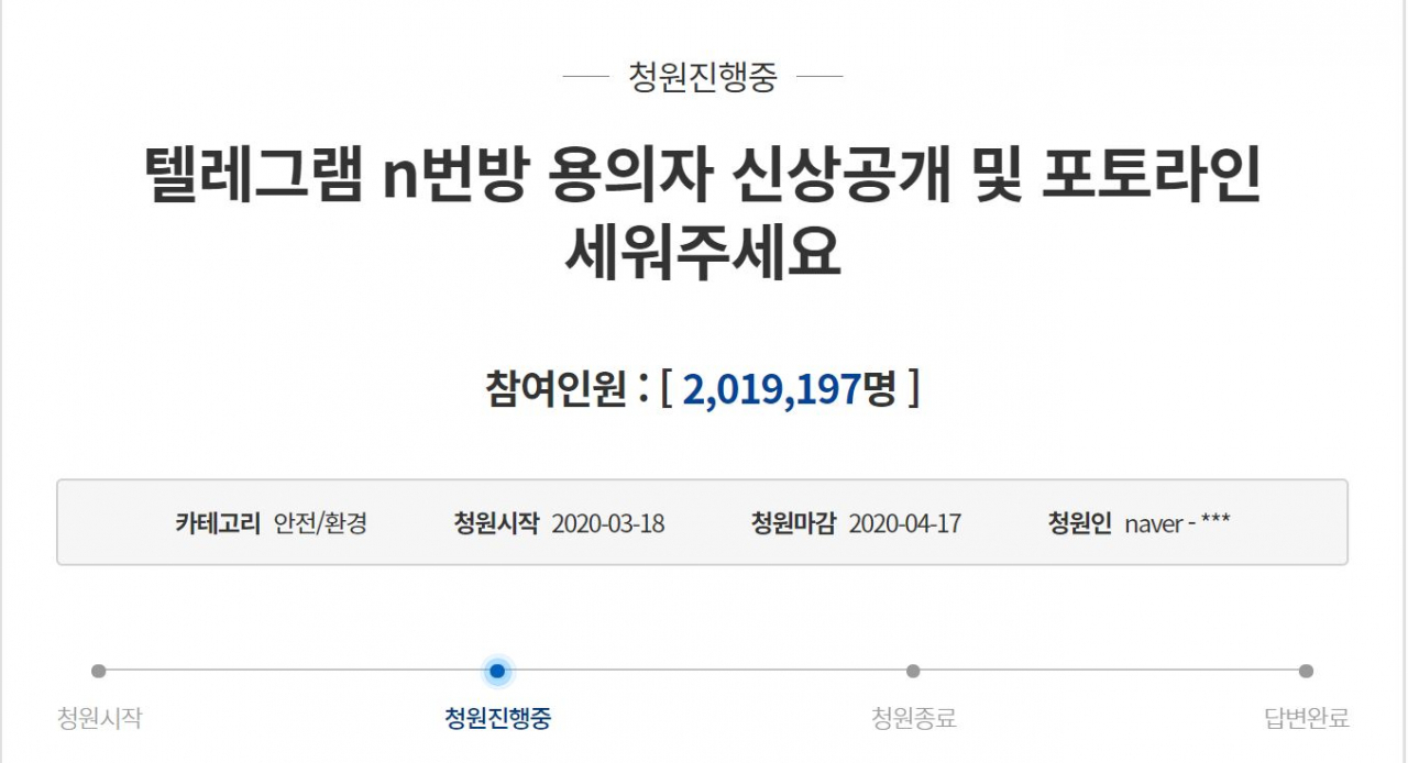 22일 청와대 국민청원에 올라온 '텔리그램 n번방 용의자 신상공개 및 포토라인 세워주세요'란 제목의 청원글 캡쳐 사진. 해당 청원은 이날 오전 8시 40분 기준 청원 동의 200만 을 넘기며 역대 최다 동의를 얻은 청원이 되었다. [사진=청와대 국민청원 홈페이지 캡쳐]