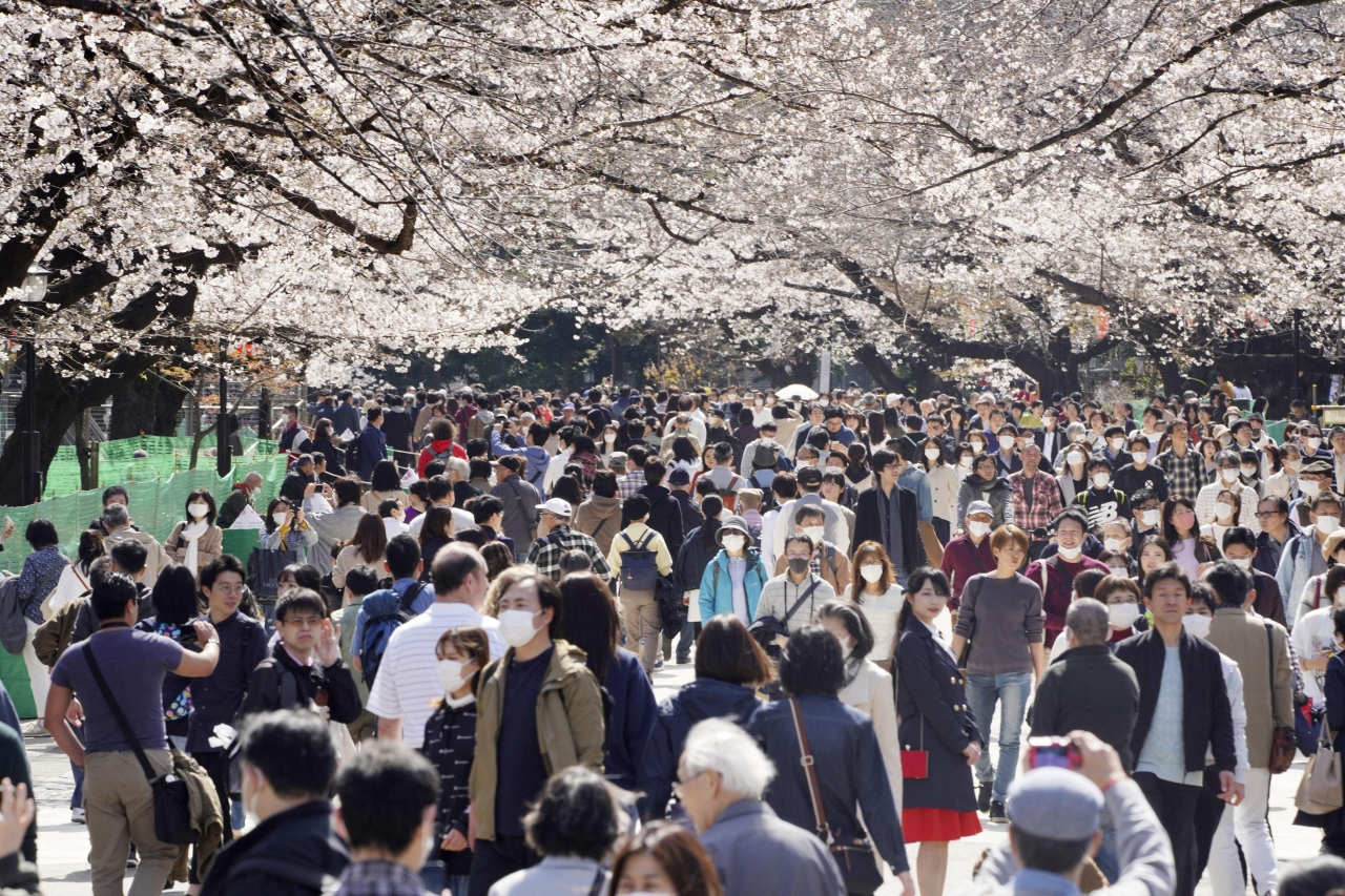 21일 도쿄 시민들이 우에노(上野)공원에서 만개한 벚꽃을 구경하고 있다. [연합]