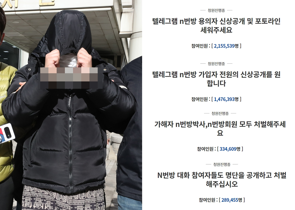 텔레그램 ‘박사방’ 운영자로 조모 씨(왼쪽)와 n번방 관련 청와대 국민청원 내용. [연합, 청와대 홈페이지]