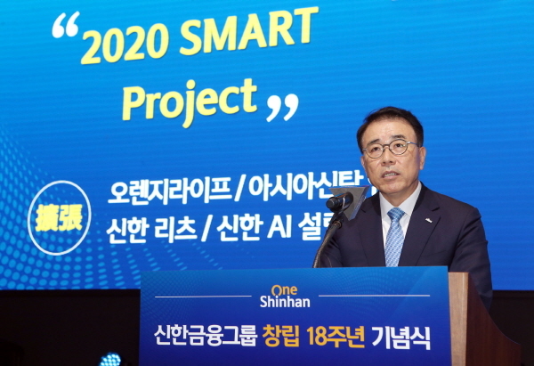 Shinhan Financial Group Chairman Cho Yong-byoung speaks at the group's annual yearly kick-off meeting held in January (Shinhan Financial Group)