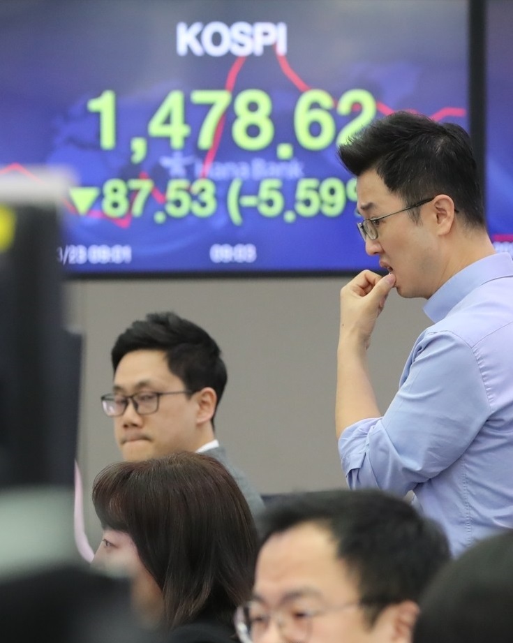 Currency dealers react in the dealing room of Hana Bank in Seoul on March 23, 2020, after the benchmark Korea Composite Stock Price Index (KOSPI) lost 87.53 points, or 5.59 percent, to an intraday low of 1,478.62 as economic slowdown fears persist over the new coronavirus pandemic. (Yonhap)