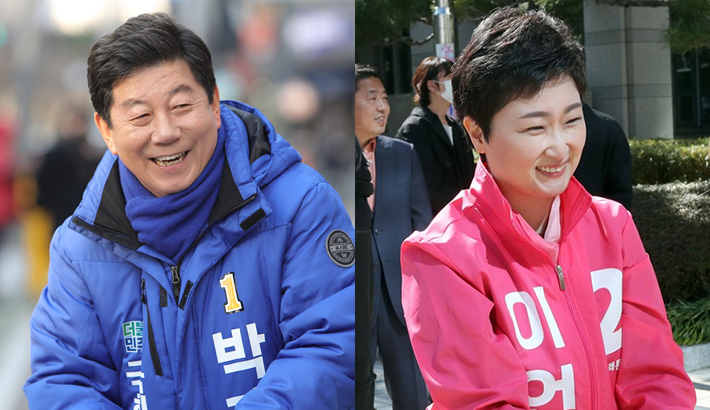 4.15 총선에서 부산 남구을 후보로 나서는 박재호 더불어민주당 후보, 이언주 미래통합당 후보 [박재호 페이스북, 연합]