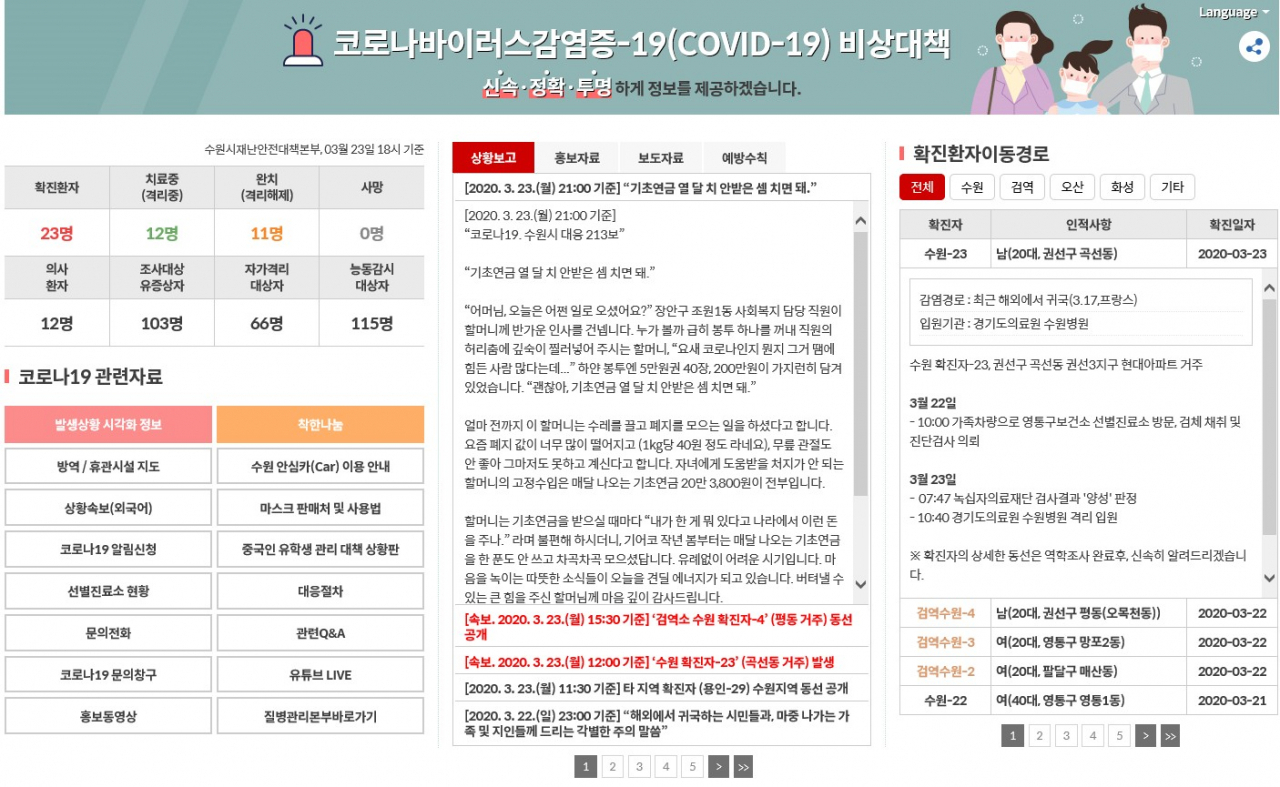 수원시 코로나19 전용 홈페이지. [수원시 제공]