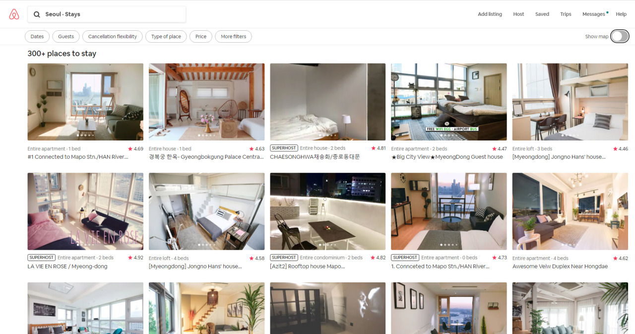 Listings on Airbnb platform (Airbnb website)