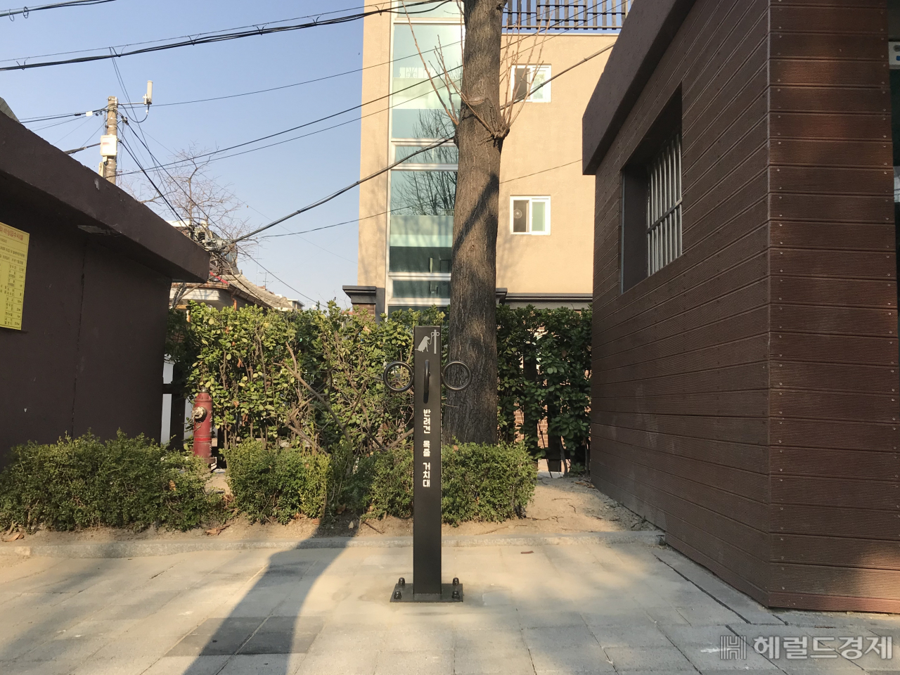 솔샘어린이공원에 반려견 목줄을 걸어놓을 수 있는 거치대가 생겼다. 견주가 화장실 등 급한 볼 일을 봐야할 때 유용하다. [강북구 제공]