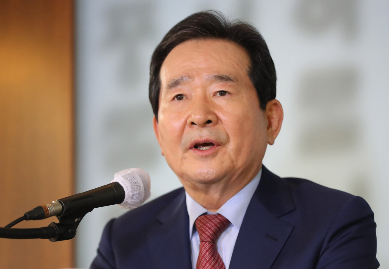 정세균 국무총리가 27일 오후 서울 중구 한국프레스센터에서 열린 외신기자 간담회에서 발언하고 있다. [연합]