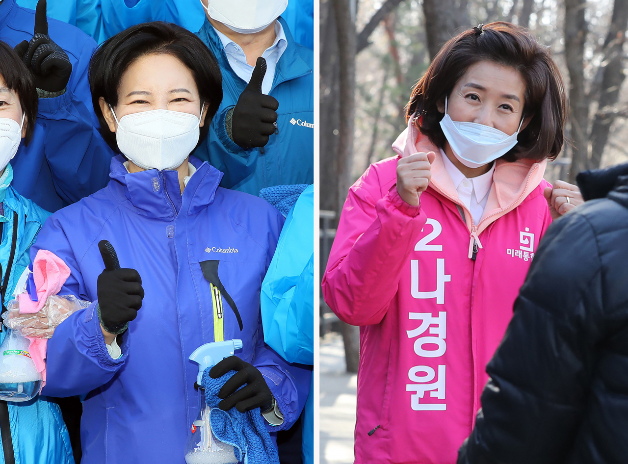 서울 동작을에서 맞붙는 더불어민주당 이수진 후보와 미래통합당 나경원 후보가 휴일인 29일 서울 동작을 유권자들을 찾아나섰다. 이 후보는 이날 지하철 사당역에서 코로나19 방역 봉사활동을 마친 뒤 참여자들과 함께 기념촬영하고 있고, 나 후보는 상도동 서달산 자락길에서 주민들과 인사하고 있다. [연합]
