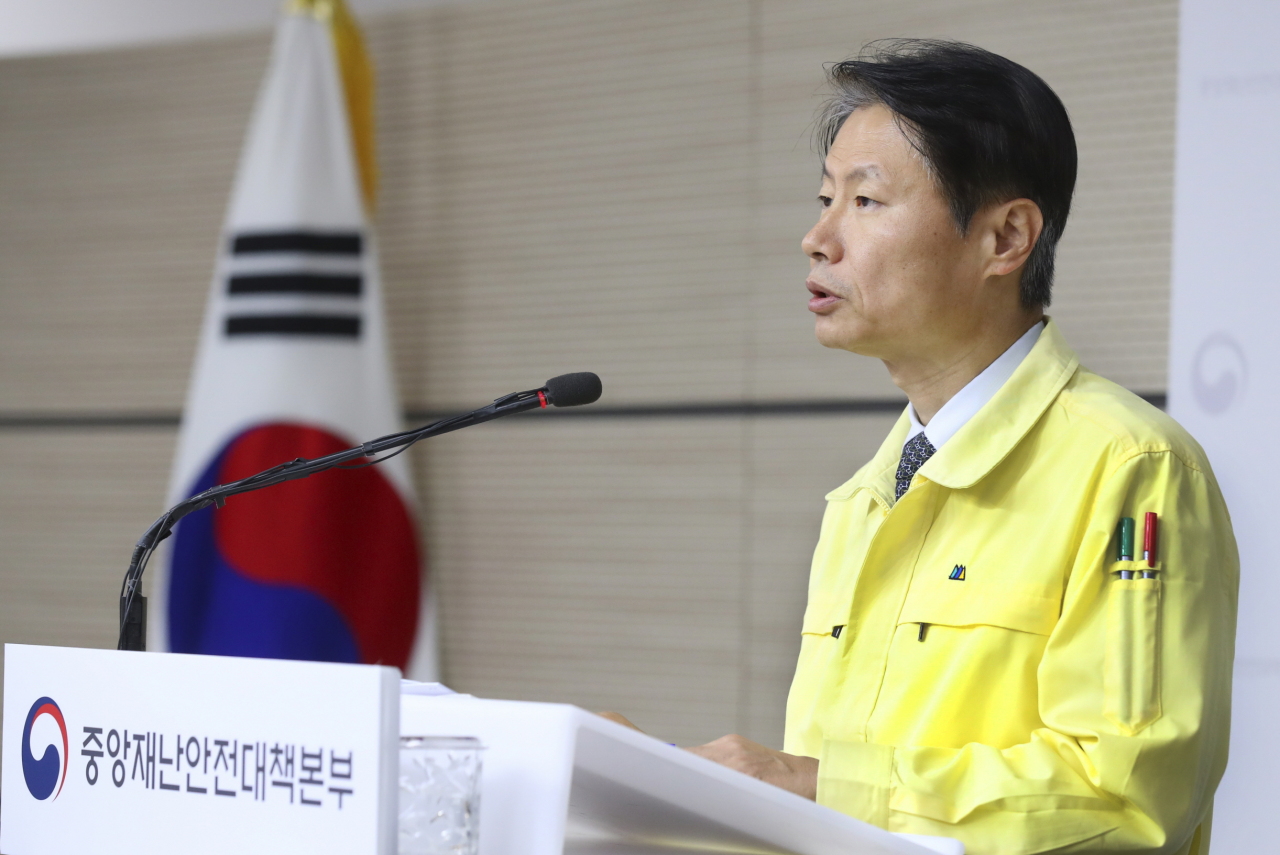 Vice Health Minister Kim Gang-lip speaks during a press briefing on Tuesday. (Health Ministry)