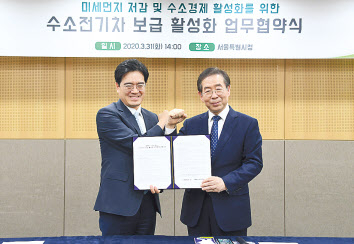박원순(오른쪽) 서울시장과 공영운 현대자동차㈜ 사장이 ‘양해각서’체결 뒤 기념사진촬영을 하고 있다. [서울시 제공]