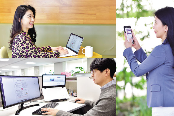 LG화학이 스마트워크 전환을 통한 일하는 방식의 대전환을 선언했다. LG화학 임직원이 다양한 장소에서 디지털 기기를 활용해 협업하고 있다. [LG화학 제공]