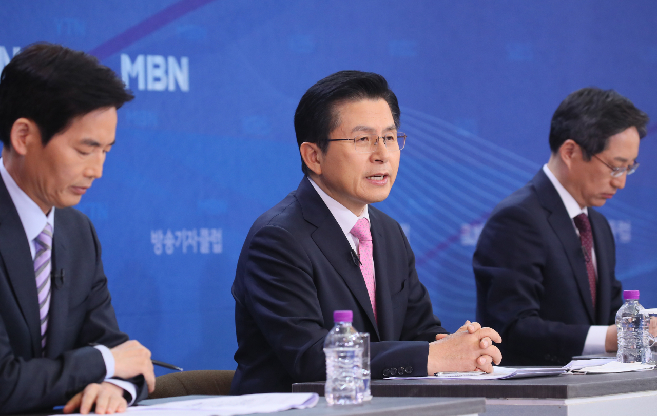 황교안 미래통합당 대표가 1일 서울 양천구 목동동로 방송회관에서 열린 방송기자클럽 초청 토론회에서 발언하고 있다. [연합]