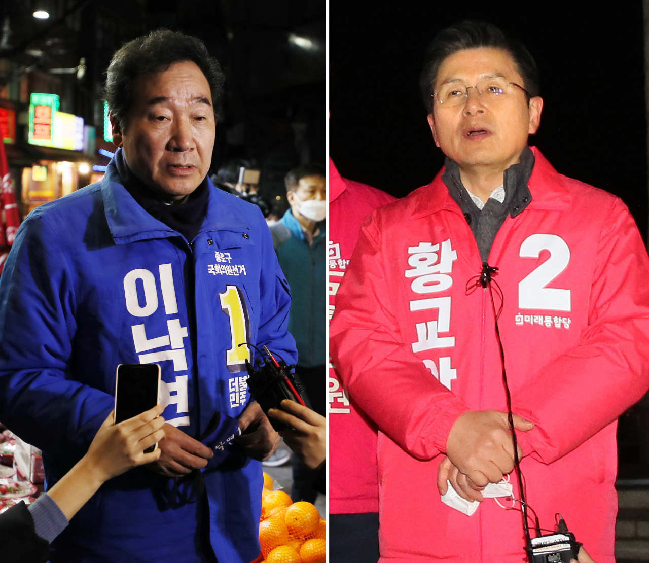 15일 실시되는 21대 총선의 공식 선거운동이 2일 0시를 기해 시작됐다. 2일 새벽 서울 종로구 우리마트 앞에서 공식 선거운동을 시작한 이낙연 더불어민주당 코로나19국난극복위원장(선거대책위원장)과 서울 광화문광장 이순신 장군 동상 앞에서 출정선언 기자회견을 하는 황교안 미래통합당 대표. [연합]