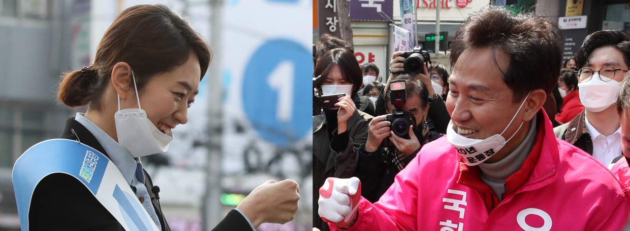 4·15 총선 서울 광진을에 출마한 더불어민주당 고민정(왼쪽 사진) 후보와 미래통합당 오세훈 후보가 공식 선거운동 개시일인 2일 서울 광진구 자양사거리에서 각각 유세를 시작했다. [연합]