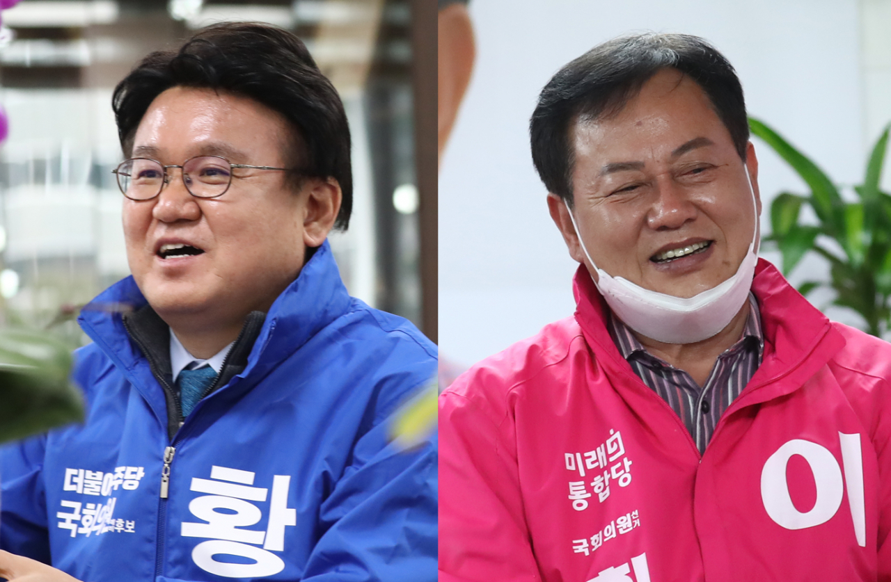 4·15 총선 대전 중구에 출마한 더불어민주당 황운하(왼쪽 사진) 후보와 미래통합당 이은권 후보가 2일 대전 중구 유천동에서 각각 지역 주민을 만나 대화하고 있다. [연합]