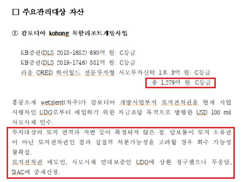 라임자산운용이 1억 달러(한화 1279억원)을 투자한 캄보디아 리조트 사업에 대한 의구심이 커지고 있다. 사진은 삼일회계법인이 금융감독원에 제출한 실사보고서 중 일부. [곽상도 의원실 제공]