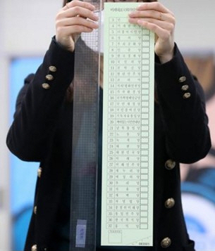 북한은 4·15 총선을 앞두고 연일 비례대표 투표용지가 48.1㎝에 달하는 데 대해 조롱을 쏟아내고 있다. 북한 선전매체 우리민족끼리가 7일 홈페이지에 게재한 선거관리위원회 관계자로 추정되는 인물이 자와 함께 투표용지를 들고 있는 모습. [헤럴드DB]