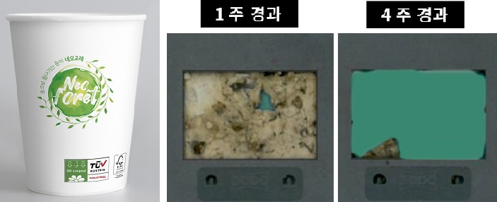 무림의 완전 생분해성 종이컵. 45일만에 자연분해가 완료돼 유럽의 유명 시험인증기관으로부터 ‘생분해성인증’을 공식 획득했다. [무림SP 제공]