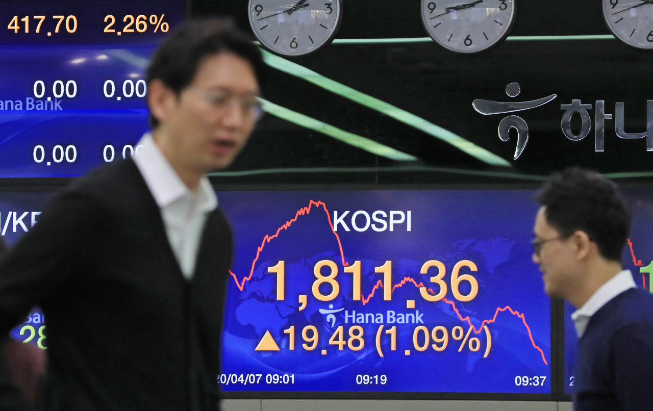 7일 오전 중구 하나은행 본점 딜링룸에서 딜러들이 업무를 보고 있다. 이날 코스피는 전일보다 34.84포인트 오른 1826.72로 시작했다. 원/달러 환율은 7.3원 내린 달러당 1220.0원, 코스닥은 9.00p(1.51%) 오른 606.21로 개장했다. 사진은 이날 중구 하나은행 본점 딜링룸 모습. 연합뉴스
