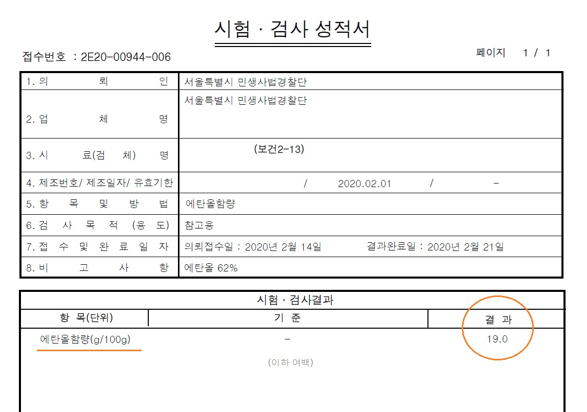 시험검사서에 에탄올 함량이 19%로 표시돼 있다. [서울시 제공]