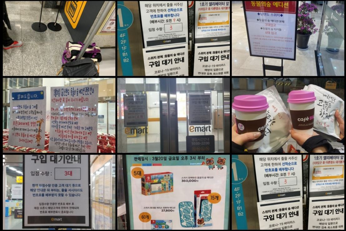 게임 예약 판매 사이트 ‘예판넷’에 올라온 모동숲 관련 사진들. 대형마트에 물량이 입고되기 이틀 전부터 인파가 몰려들었다. [예판넷 홈페이지]