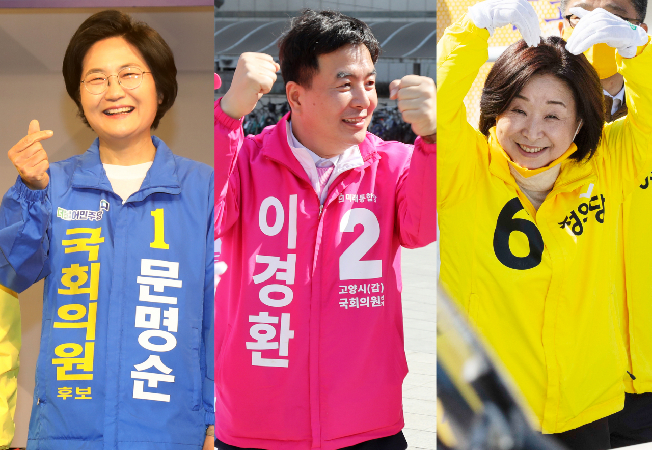 경기 고양갑에서 경쟁하고 있는 더불어민주당 문명순, 미래통합당 이경환, 정의당 심상정 후보(왼쪽부터). [연합]