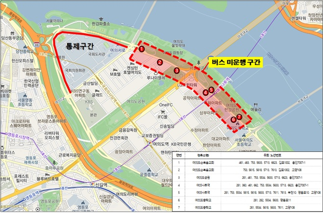 윤중로 일대 버스 정류장 폐쇄 부분. [서울시 제공]