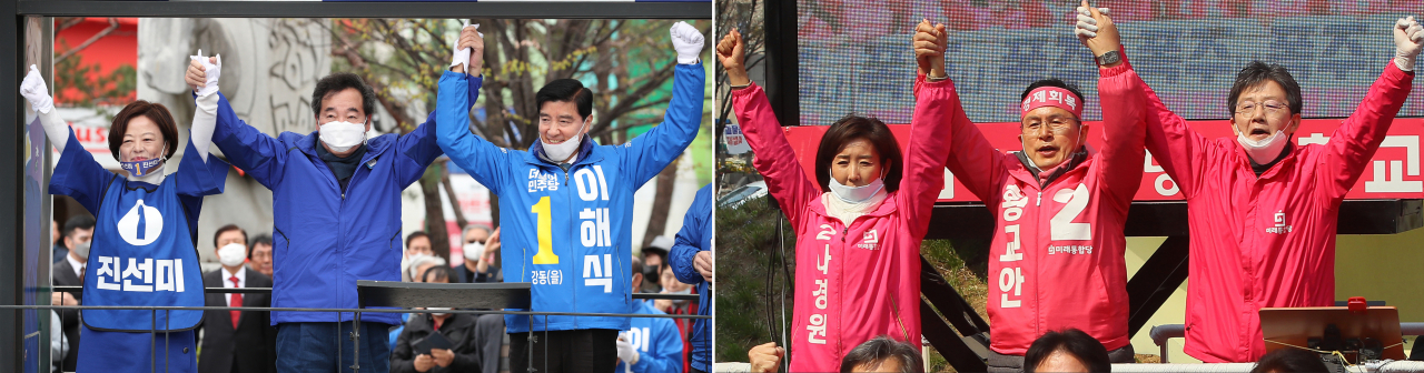 휴일인 12일 더불어민주당 서울 종로 후보인 이낙연 상임공동선대위원장이 서울 강동구 천호동에서 진선미, 강동갑, ㅇ 이해식 강동을 후보와 함께, 미래통합당 종로 후보인 황교안 총괄선대위원장이 청계광장에서 나경원 동작을 후보, 유승민 의원 등과 함께 유권자들의 지지를 호소하고 있다.[연합]