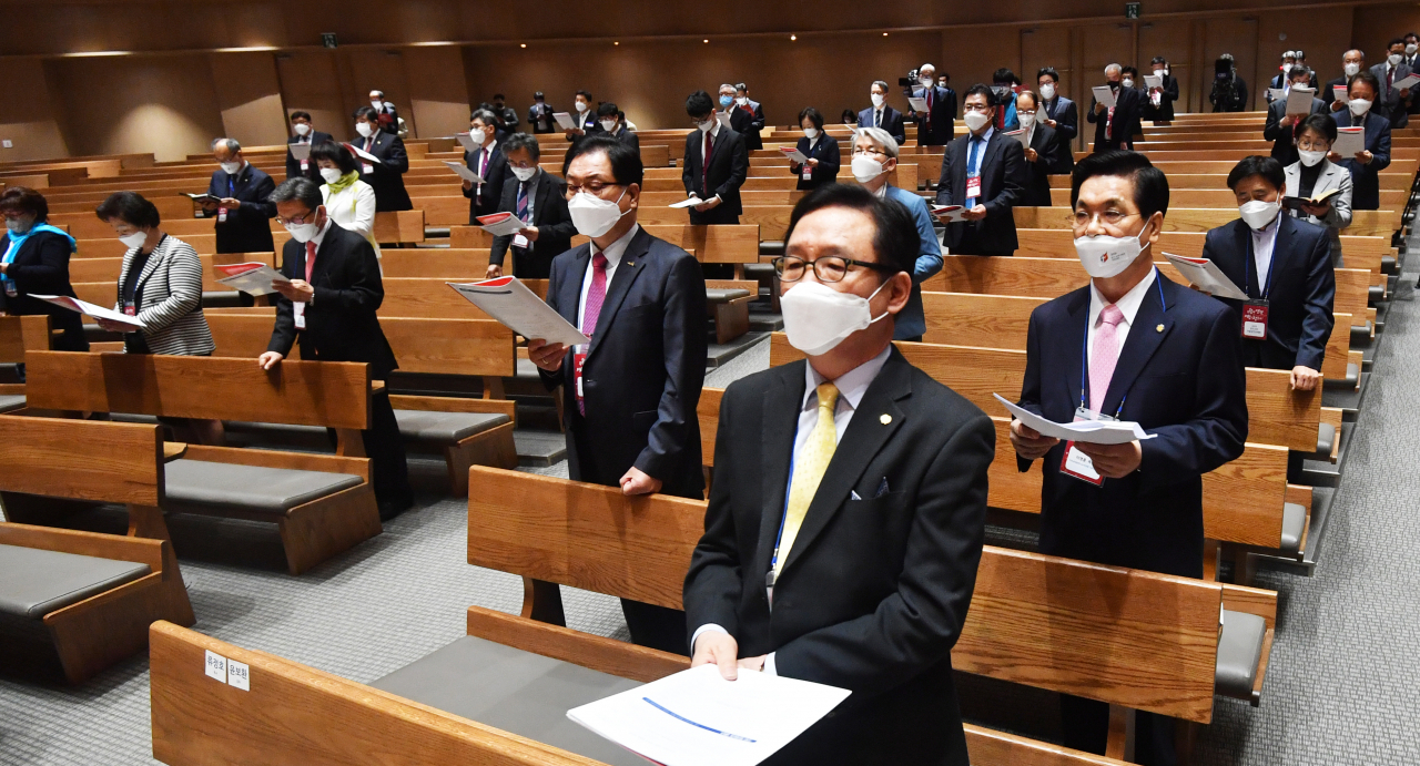 70개 교단 주최, 2020 한국교회 부활절 연합예배 준비위원회가 주관한 2020 부활절 연합예배가 지난 12일 오후 서울 종로구 새문안교회에서 열리고 있다. [연합]