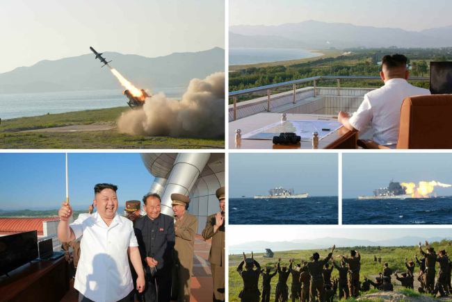 북한이 4·15 총선을 하루 앞둔 14일 강원도 문천 일대에서 동해상으로 단거리 순항미사일로 추정되는 발사체 수발을 발사했다. 북한의 순항미사일 발사는 2017년 6월 이후 약 3년여만이다. 북한 관영매체가 3년 전 공개한 김정은 국무위원장의 지대함 순항로켓 발사 지도 모습. [헤럴드DB]