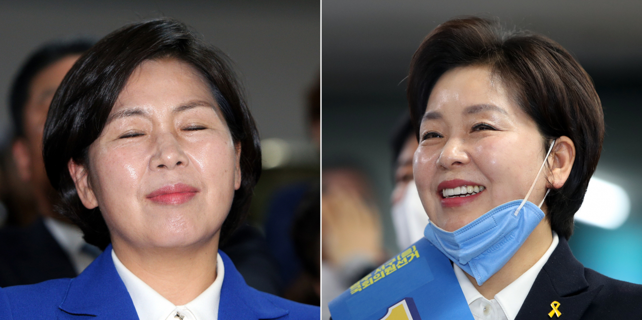 제21대 국회의원 선거에 출마한 더불어민주당 광주 서구을 양향자 후보가 15일 당선을 확정 지은 개표 상황을 지켜보며 4년 전(왼쪽)과 대비된 표정을 짓고 있다. [연합]